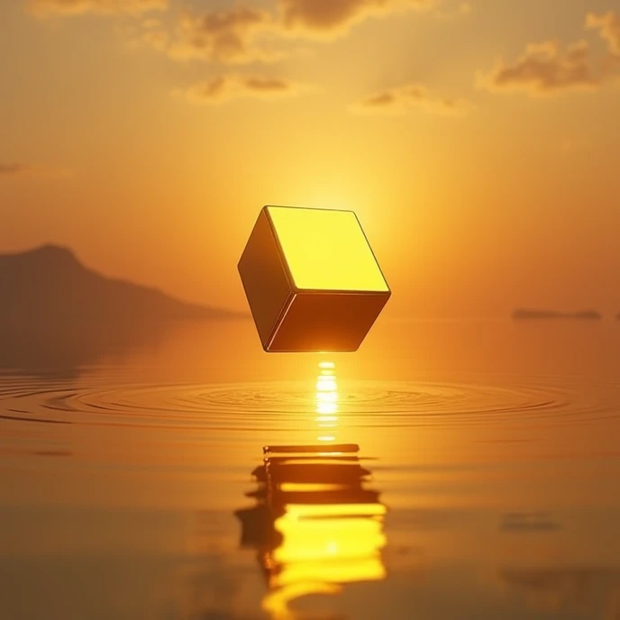 Золотой cube shiny gold 99,9 пробы , hangs in the air above a flat surface of water, in the rays of the setting sun, ((golden hour))