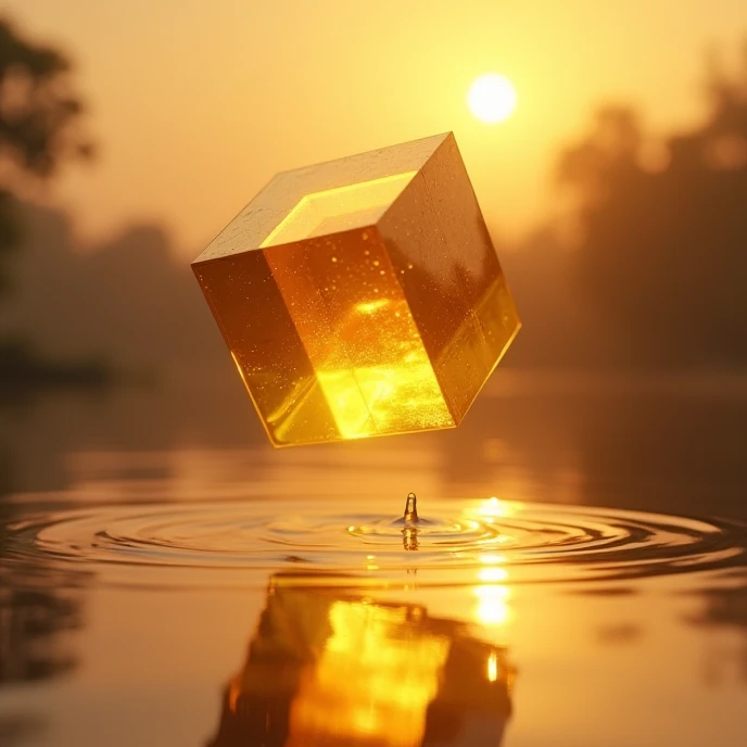 Золотой cube shiny gold 99,9 пробы , hangs in the air above a flat surface of water, in the rays of the setting sun, ((golden hour))