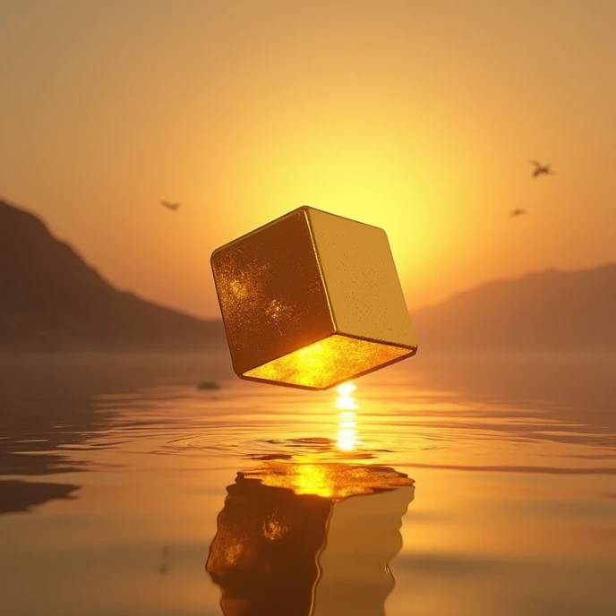 Золотой cube shiny gold 99,9 пробы , hangs in the air above a flat surface of water, in the rays of the setting sun, ((golden hour))