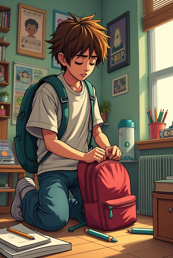 Scott pilgrim putting notebooks into a normal backpack in a room.