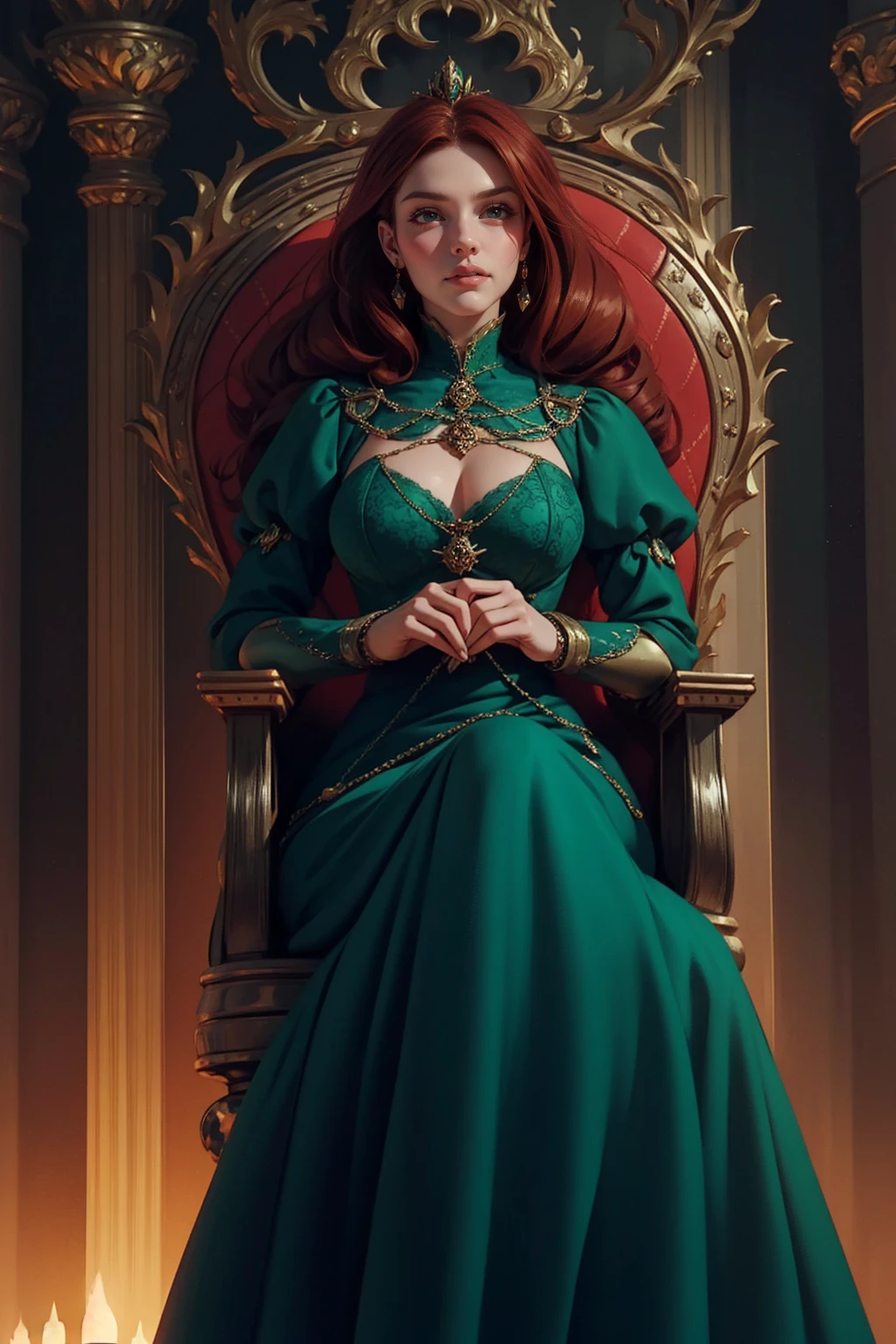{-erro_de_anatomia:1.0} woman 40 years old, victorian era, queen clothes, (green dress), dark castle, a woman (alicent hightower), meddium dark red hair (dark red hair), (brown eyes) . Indifferent look , merciless. among the dragons, dinamic poses, egoist smile, upper body, sitting in the iron throne