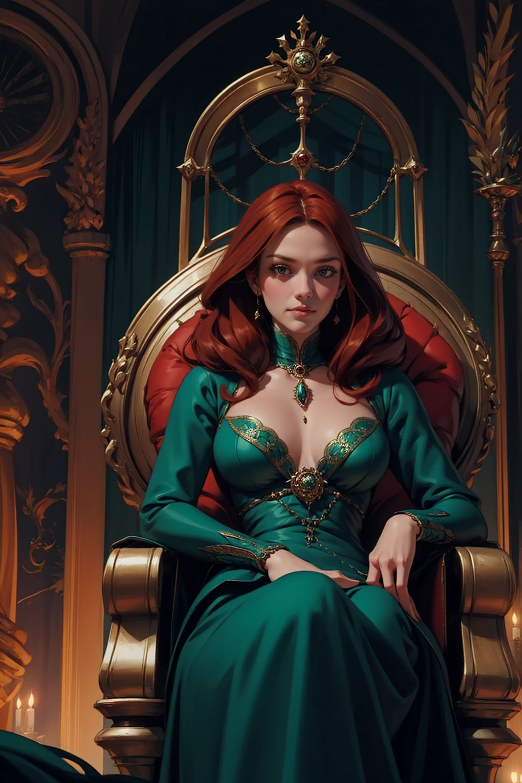 {-erro_de_anatomia:1.0} woman 40 years old, victorian era, queen clothes, (green dress), dark castle, a woman (alicent hightower), meddium dark red hair (dark red hair), (brown eyes) . Indifferent look , merciless. among the dragons, dinamic poses, egoist smile, upper body, sitting in the iron throne