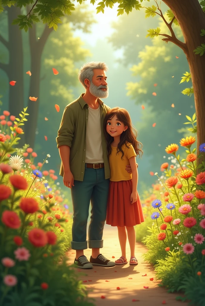 Father and teenage daughter in beautiful garden