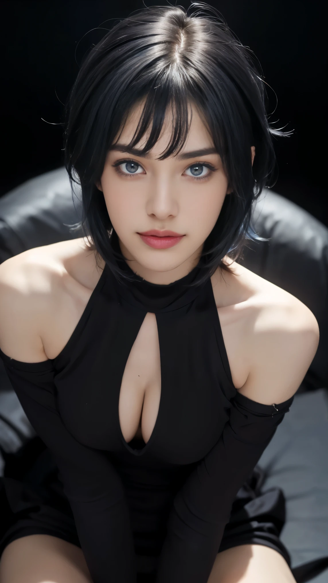8K, Top Quality, Intricate Details, Ultra Detail, Ultra High Resolution, Masterpiece, close up shot, face shot, close up shot, portrait, face shot, passport shot, very close up shot, (( from above shot ,shot from below, below shot, )), (full body: 1.1), Slender, Smile, ((smirk)) (Makeup: 0.4), ((,)), (Fluffy blue Eyes: 1.21), (()), 1girl, solo, 1 girl, ((, short hair ,bangs, blue hair, bangs, long hair, bangs, messy hair )), close up shot, , ((tall)), (((fit body))), (((slim face))), sharp face, ((, wind blow hair, )) , (detailed face), sharp face, small lips, , ((, maxi dress, skin tight dress)), spread legs , ((spread legs)), spread legs, detailed face, detailed breast, , (()), detail ass, Narrow Waist, Skinny, tall , 175 cm tall, Muscular, Navel, Exposed Abdomen, Pointed Chest,, Beautiful girl with accentuated slender abs: 1.4, Six Pack Abs: 1.4, Bust Botox, Big, Perfect Body, detail leg, (( dark background)), black background,