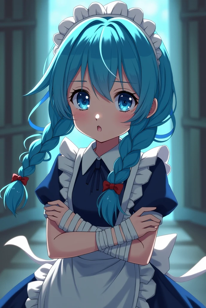 6 year old girl with VERY light blue hair and braids, maid outfit and bandages on the arms, dull blue eyes anime style hunter x hunter full body