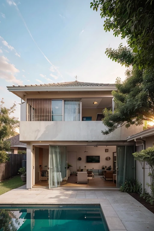 a two-storey modern house with large windows that overlook a green garden with flowering trees and neat bushes. There is a pedestrian path lined with light tiles around the house, and in the foreground there is a blue swimming pool where you can spend time with family and friends. In the background you can see a hill covered with forest, and the sky is painted in soft pastel colors of sunset. This illustration symbolizes an ideal home that combines comfort, style and harmony with nature.