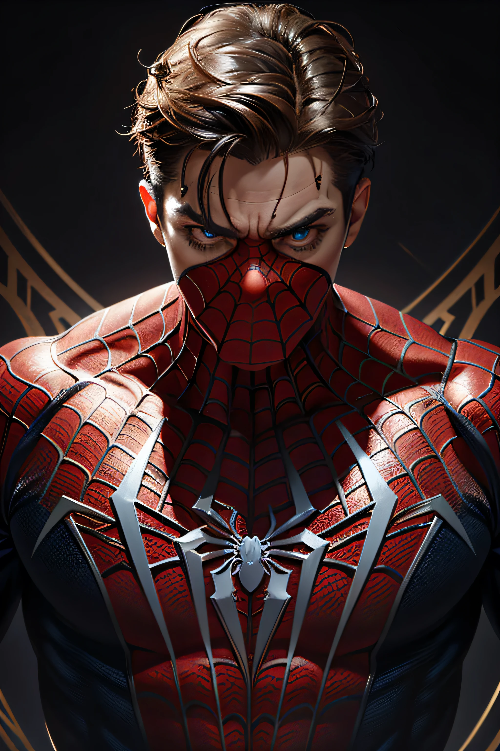 masterpiece, Best Quality, 1man beautiful, tall and muscular face, wide shoulders, finely detailed eyes and detailed face, extremely detailed CG unit Wallpaper, intricate details, short hair, wearing spiderman costume,, 8k, Wallpaper, official art, ultra detailed, beautiful and aesthetic.