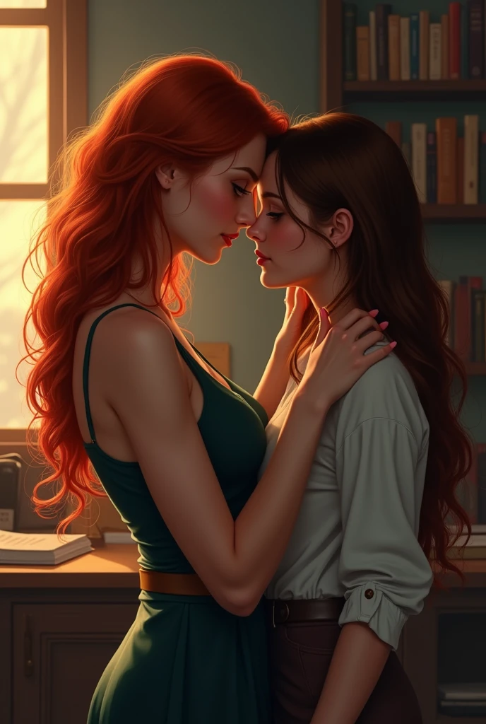Redhead female teacher kissing brunette student, human, 8k
