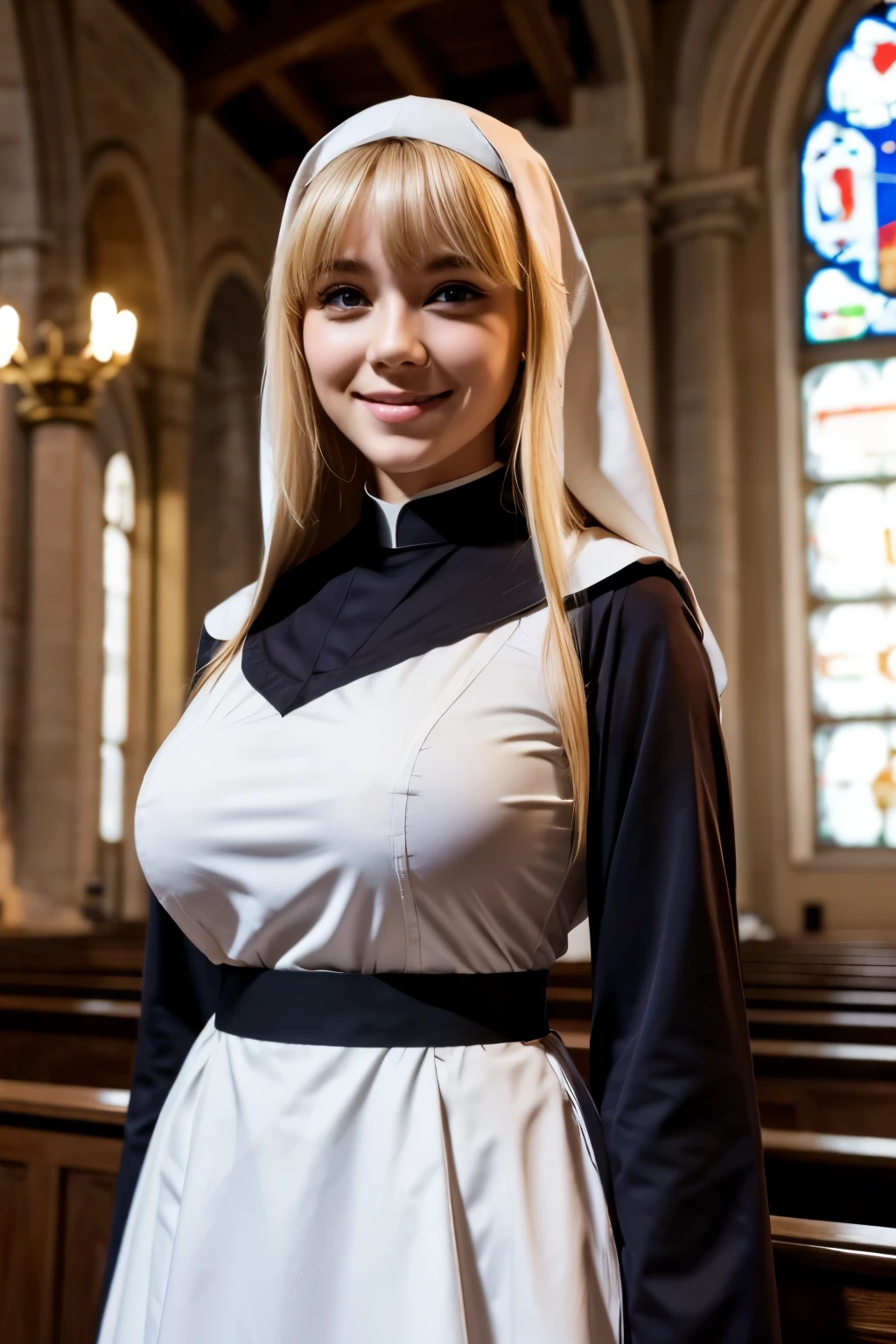 French Beautiful Girl、Blonde Hair、With bangs、smile、Big Breasts、Sexy body、Monastic uniform、Nuns、Standing in the church
