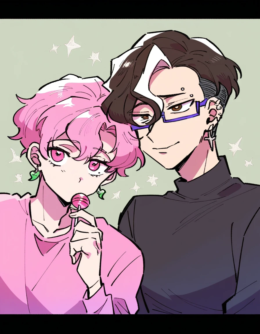 2 boys together, couple.
*First boy: a young man with medium pink hair and some white highlights, UP TO THE NECK, piercings na orelha, hot pink eyes, short clothing. the pink, red and orange are colors present in her sexy and short outfit, next to a pair of light purple glasses, his appearance is slightly feminine, femboy. His expression is happy looking at his companion's face*
*The second boy: a young man with short, dark brown hair, with hair the color of a dark ocean blue, he has a cross earring in one ear and an eyebrow piercing, brown eyes mixed with light blue, long clothing. The black, blue and gray are colors present in his simple sweatshirt, he holds a lollipop in one hand. His expression is disinterested and bored., looking away to the side.*
They're both together, o rapaz de cabelthe pink está abraçando alegremente o de cabelo castanho, while looking at him with a sweet and cheerful smile. The brown-haired one embraces him back with one hand, but he doesn't seem very happy. homosexual couple.