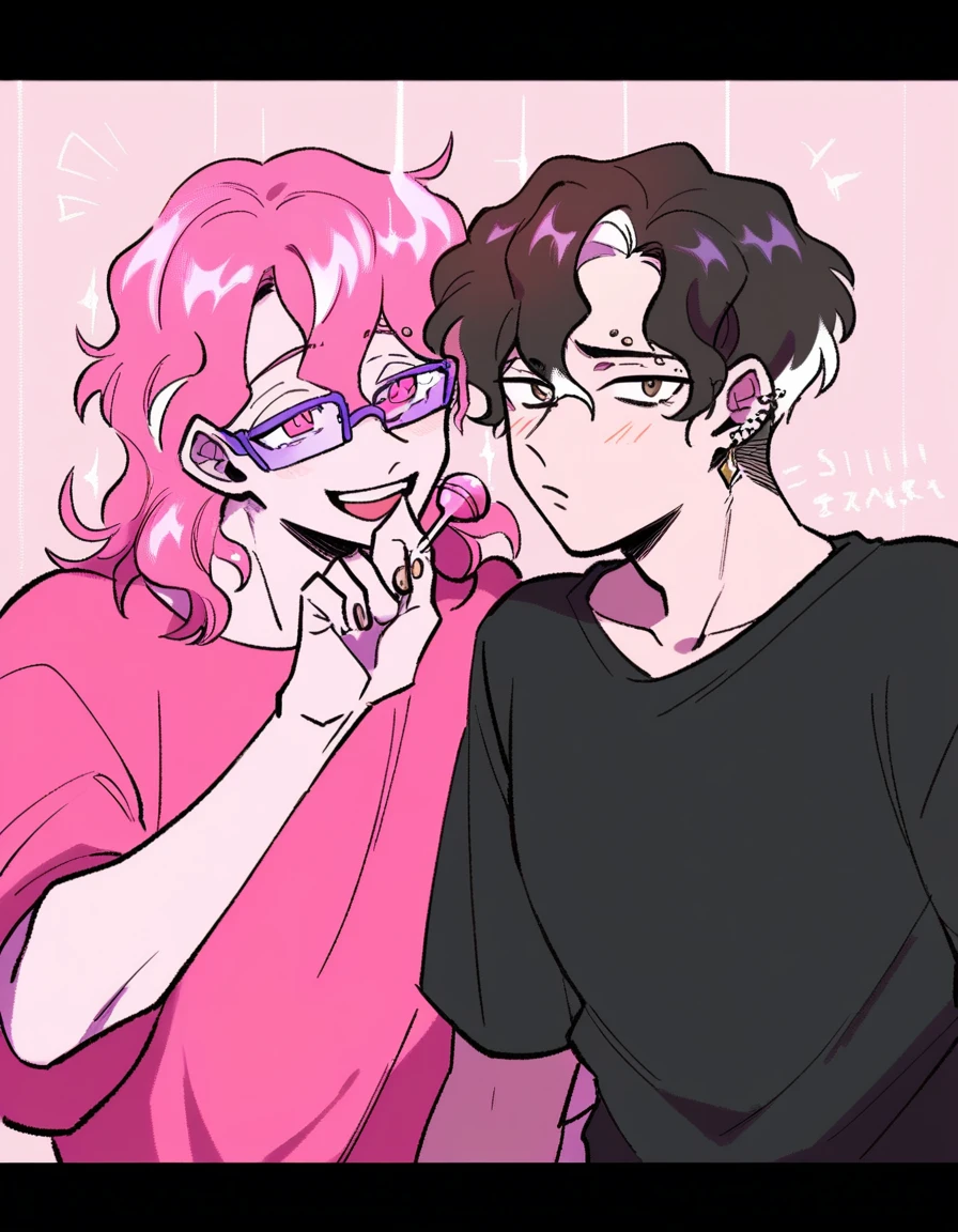 2 boys together, couple. 
*First boy: a young man with medium pink hair and some white highlights, UP TO THE NECK, piercings na orelha, hot pink eyes, short clothing. the pink, red and orange are colors present in her sexy and short outfit, next to a pair of light purple glasses, his appearance is slightly feminine, femboy. His expression is happy looking at his companion's face*
*The second boy: a young man with short, dark brown hair, with hair the color of a dark ocean blue, he has a cross earring in one ear and an eyebrow piercing, brown eyes mixed with light blue, long clothing. The black, blue and gray are colors present in his simple sweatshirt, he holds a lollipop in one hand. His expression is disinterested and bored., looking away to the side.*
They're both together, o rapaz de cabelthe pink está abraçando alegremente o de cabelo castanho, while looking at him with a sweet and cheerful smile. The brown-haired one embraces him back with one hand, but he doesn&#39;t seem very happy. homosexual couple. 