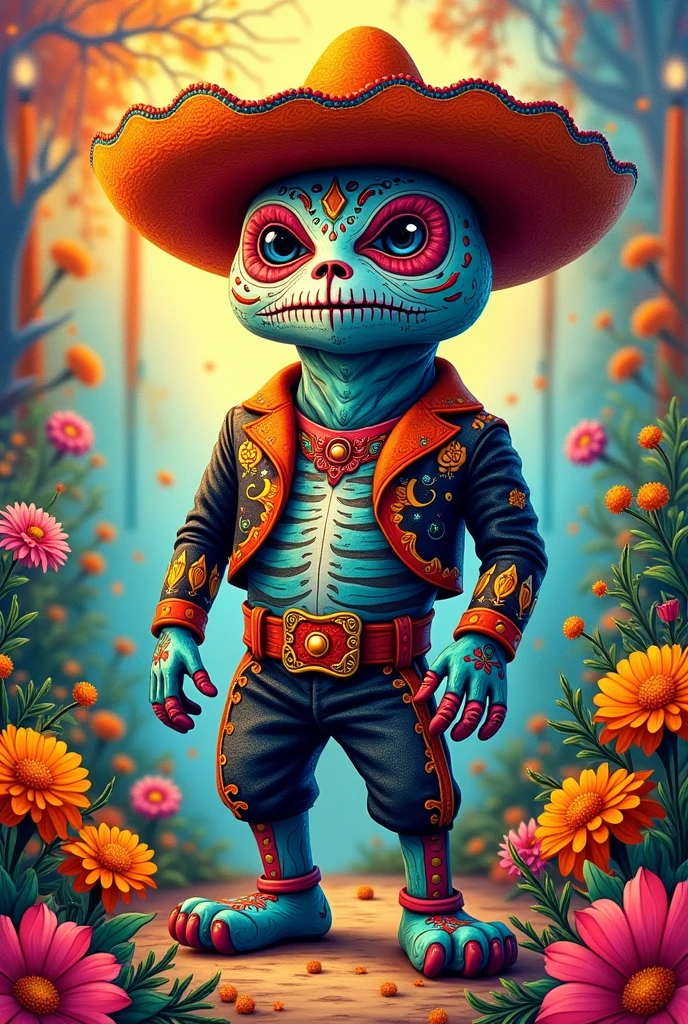 Drawing of an alebrije dressed as a charro on the Day of the Dead