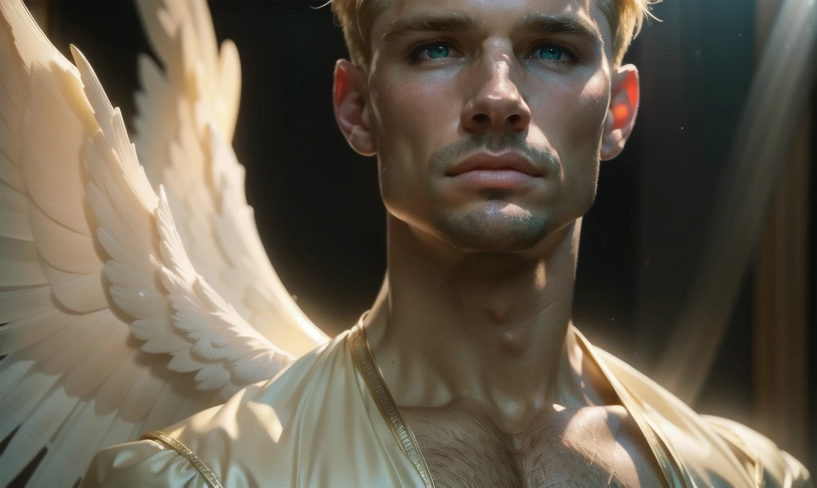 [((highly detailed, detailed eyes, detailed face, clear and realistic facial features, photorealistic, realistic light, cinematic, chest-up shot)), (1 man), (((((Gorgeous perfect sexy powerful masculine male angel))))), (((one pair of large wings))), ((faint halo)), ((short blond hair, green eyes)), ((35 years old)), ((wearing flattering angelic clothes)), (((aura of divine power))), standing in a cozy apartment at nighttime, ((light blush)), (((wearing an indignant expression)))]