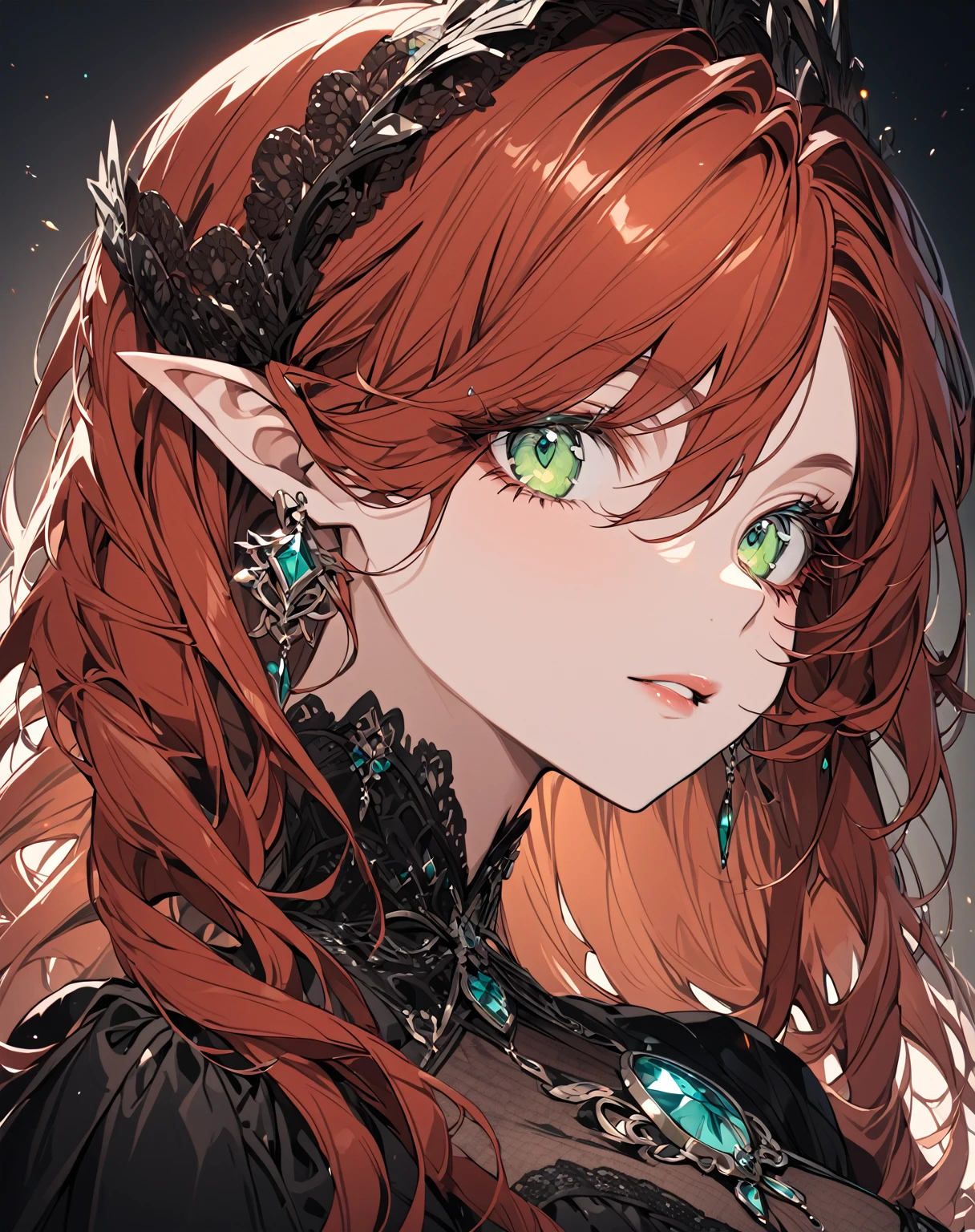 A portrait of the most beautiful auburn haired woman with shiny aquamarine-green eyes and small pointed ears wearing a luxurious gothic dress