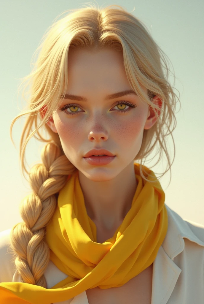 A man, A MALE, A GUY with golden eyes and blonde long hair tied back in a braid, and plump limps, soft skin, round face, white shirt and a yellow scarf