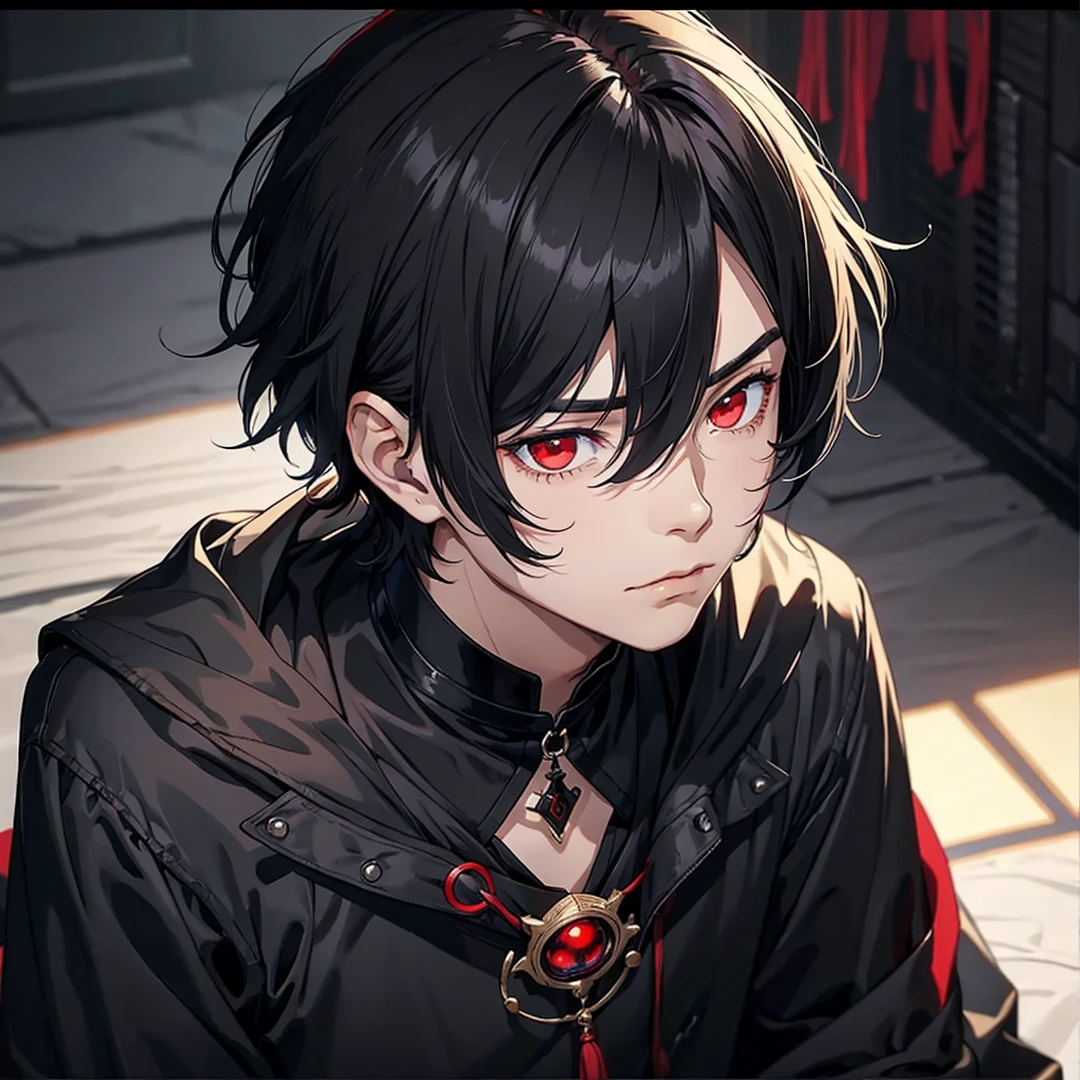 young man with short black hair with red eyes with a gloomy expression black clothes mystic magician 