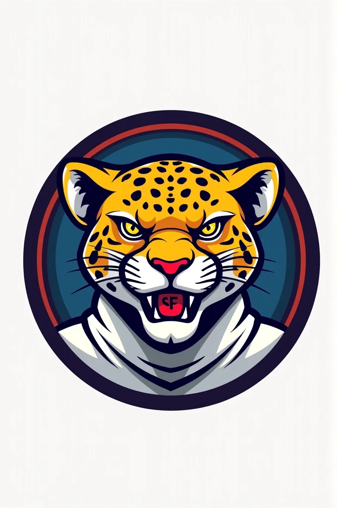 Circular logo with the face of a jaguar fencer in cartoon style, and with its SF emblem