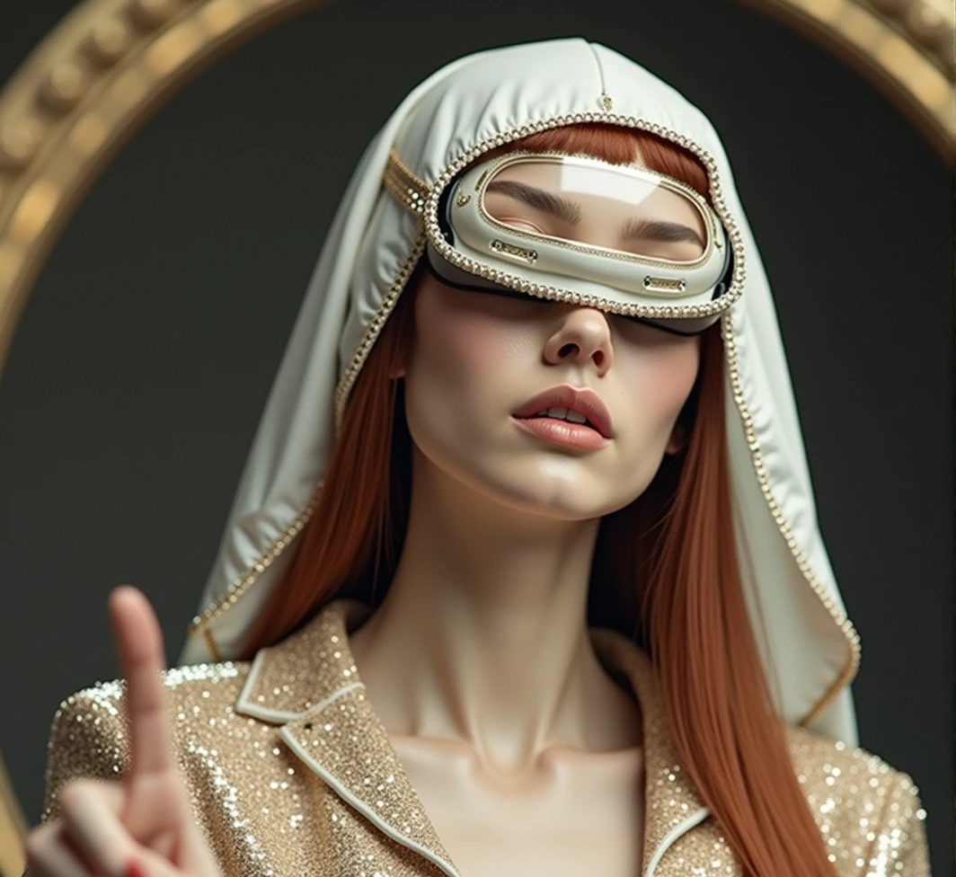 ((best quality)), ((masterpiece)), (detailed), 1girl, A beautiful woman with red cherry hair wearing black vr goggles, pointing, grabbing hands gesture interaction, dark background, iridescent textured jacket, leather suit. wear trousers. red cherry long straight hair, slightly blurred, studio setup with soft lighting, futuristic theme, inspired by modern vr technology photography, best quality. Cinematic, Photoshoot, Shot on 25mm lens, Depth of Field, Tilt Blur, Shutter Speed 1/1000, F/22, White Balance, 32k, Super-Resolution, Pro Photo RGB, Half rear Lighting, Backlight, Dramatic Lighting, Incandescent, Soft Lighting, Volumetric, Conte-Jour, Global Illumination, Screen Space Global Illumination, Scattering, Shadows, Rough, Shimmering, Lumen Reflections, Screen Space Reflections, Diffraction Grading, Chromatic Aberration, GB Displacement, Scan Lines, Ambient Occlusion, Anti-Aliasing, FKAA, TXAA, RTX, SSAO, OpenGL-Shader’s, Post Processing, Post-Production, Cell Shading, Tone Mapping, CGI, VFX, SFX, insanely detailed and intricate, hyper maximalist, elegant, dynamic pose, photography, volumetric, ultra-detailed, intricate details, super detailed, ambient.