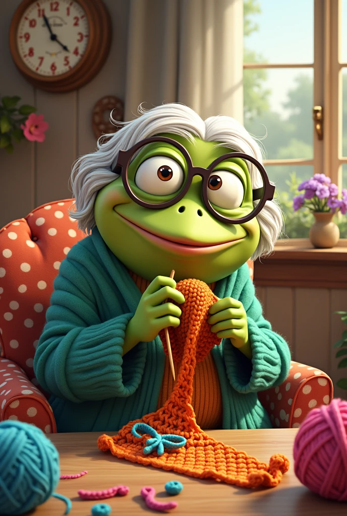 a frog grandma who crochets cartoon