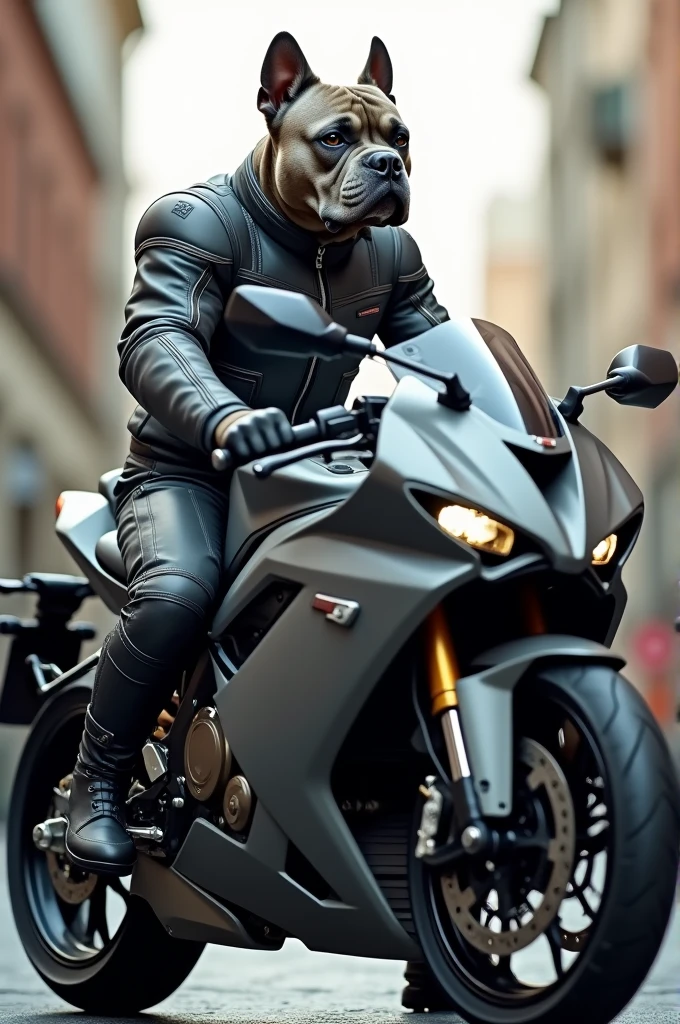 American Bully in gray motorcycle gear on top of a sports bike