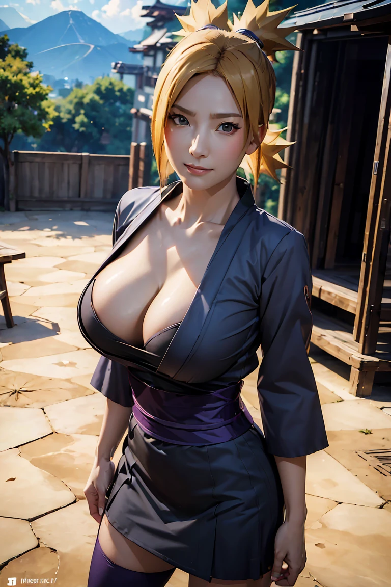 The real picture、8k, Nara Temari、((Big Breasts)), (Cleavage), clavicle,((Tsun Costume)), (紫colourの着物),), young woman, blondes、Attractive look, Looking at the audience, Konoha Village, Outdoor, Daytime, (full body shot), (Very detailed, beautiful detailed face, masterpiece, beautiful detailed eyes, highest quality), Huge breasts, ((Fascinating smile)), 超High resolution,4K,Very detailed, photo shoot, 8k, High resolution, High resolution, (Confused:1.2), Kodak Portrait 400,  Lens flare, (Vibrant_colour:1.2),Professional photos, (beautiful_face:1.5), ,(((cast 1.3))),(((Squeeze your elbows,My chest feels tight)))wearing sexy ninja outfit (gray color dominant), purple kimono, black fishnet, wearing miniskirt, cleavage, wearing black shinobi sandal, looking at viewer, emotionless, kunoichi, fighting pose, wide shot, portrait photo, in the top of the mountain, standing on rock, cloud, village view, NSFW, high res, ultrasharp, 8k, masterpiece, best quality