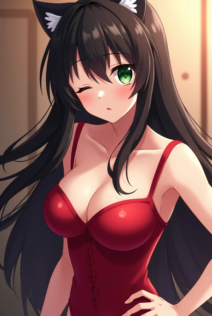 love live!,love live! sunshine!!,kurosawa dia,green eyes,hime cut,black hair,long hair,tsurime, love live! style, female focus on, best detailed girl, focus on face, hand on hip, woman, 20 years old, long black hair, hime cut, ,streching,arms in front breast, extremely detailed,red cat suits,brow a kiss,wink,temptation