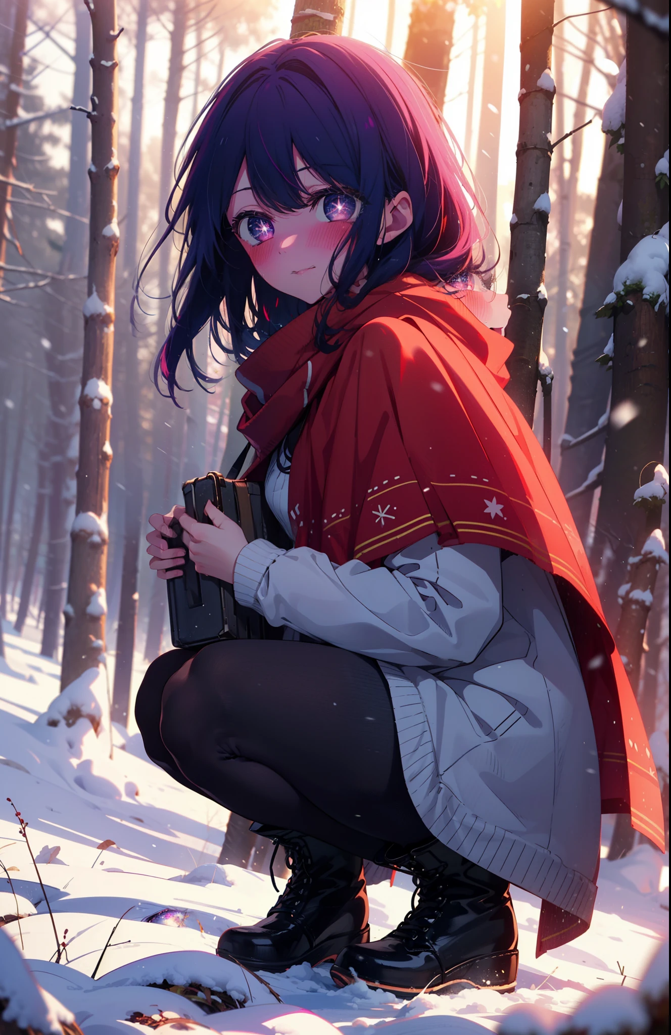 aihoshino, Ai Hoshino, Long Hair, bangs, (Purple eyes:1.1), Purple Hair, (Symbol-shaped pupil:1.5), smile,,smile,blush,white breath,
Open your mouth,snow,Ground bonfire, Outdoor, boots, snowing, From the side, wood, suitcase, Cape, Blurred, , forest, White handbag, nature, Squat, Mouth closed, Cape, winter, Written boundary depth, Black shoes, red Cape break looking at viewer, Upper Body, whole body, break Outdoor, forest, nature, break (masterpiece:1.2), Highest quality, High resolution, unity 8k wallpaper, (shape:0.8), (Beautiful and beautiful eyes:1.6), Highly detailed face, Perfect lighting, Extremely detailed CG, (Perfect hands, Perfect Anatomy),