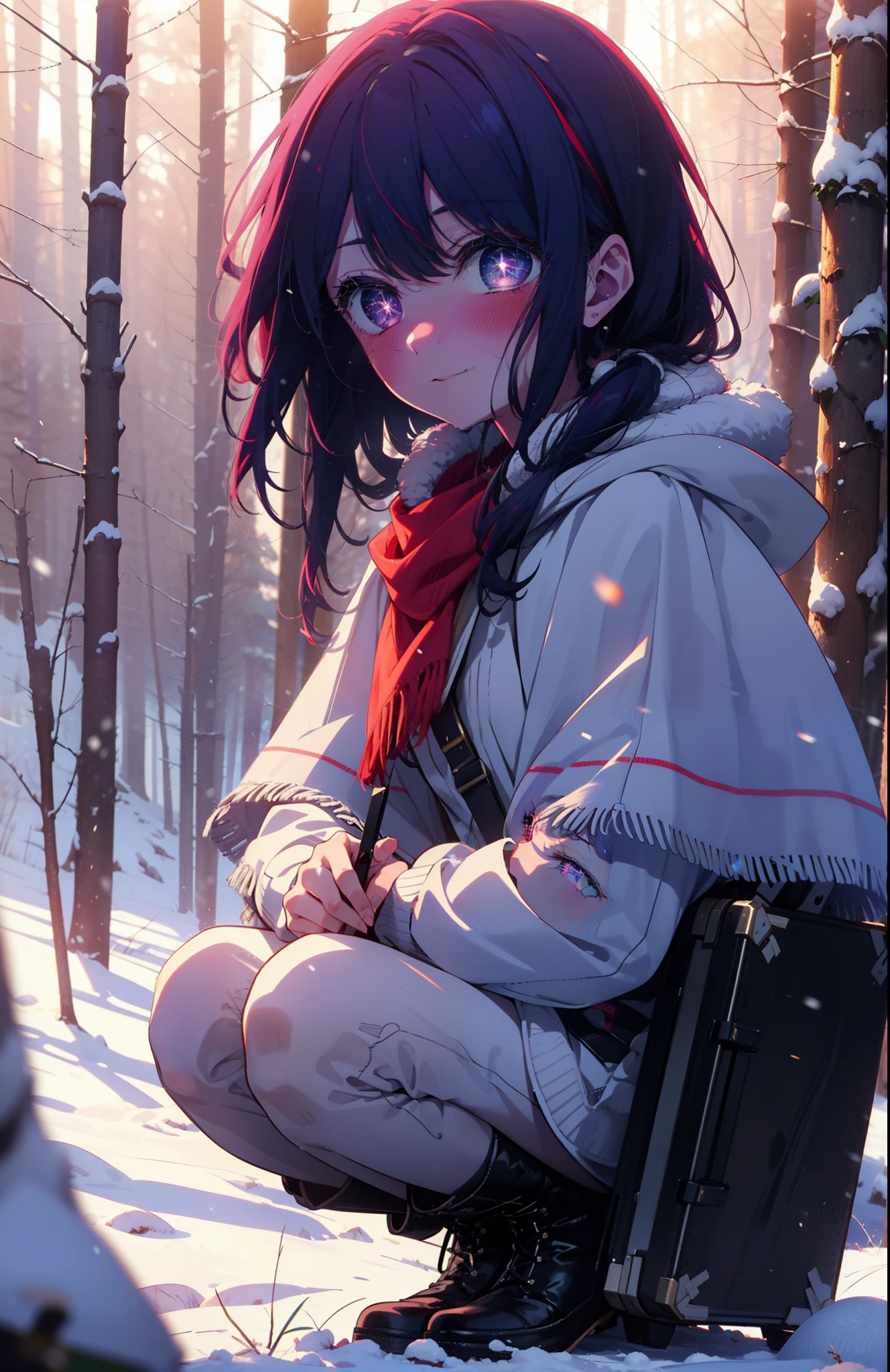 aihoshino, Ai Hoshino, Long Hair, bangs, (Purple eyes:1.1), Purple Hair, (Symbol-shaped pupil:1.5), smile,,smile,blush,white breath,
Open your mouth,snow,Ground bonfire, Outdoor, boots, snowing, From the side, wood, suitcase, Cape, Blurred, , forest, White handbag, nature,  Squat, Mouth closed, Cape, winter, Written boundary depth, Black shoes, red Cape break looking at viewer, Upper Body, whole body, break Outdoor, forest, nature, break (masterpiece:1.2), Highest quality, High resolution, unity 8k wallpaper, (shape:0.8), (Beautiful and beautiful eyes:1.6), Highly detailed face, Perfect lighting, Extremely detailed CG, (Perfect hands, Perfect Anatomy),