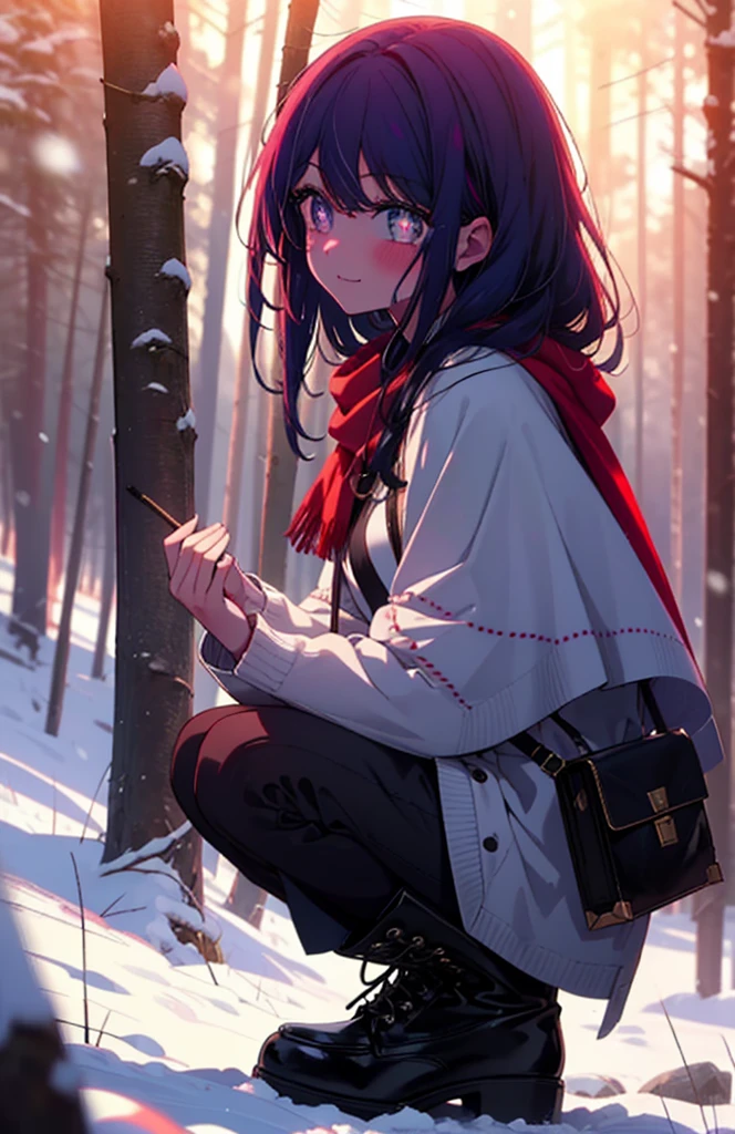 aihoshino, Ai Hoshino, Long Hair, bangs, (Purple eyes:1.1), Purple Hair, (Symbol-shaped pupil:1.5), smile,,smile,blush,white breath,
Open your mouth,snow,Ground bonfire, Outdoor, boots, snowing, From the side, wood, suitcase, Cape, Blurred, , forest, White handbag, nature, Squat, Mouth closed, Cape, winter, Written boundary depth, Black shoes, red Cape break looking at viewer, Upper Body, whole body, break Outdoor, forest, nature, break (masterpiece:1.2), Highest quality, High resolution, unity 8k wallpaper, (shape:0.8), (Beautiful and beautiful eyes:1.6), Highly detailed face, Perfect lighting, Extremely detailed CG, (Perfect hands, Perfect Anatomy),