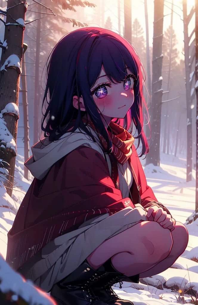 aihoshino, Ai Hoshino, Long Hair, bangs, (Purple eyes:1.1), Purple Hair, (Symbol-shaped pupil:1.5), smile,,smile,blush,white breath,
Open your mouth,snow,Ground bonfire, Outdoor, boots, snowing, From the side, wood, suitcase, Cape, Blurred, , forest, White handbag, nature, Squat, Mouth closed, Cape, winter, Written boundary depth, Black shoes, red Cape break looking at viewer, Upper Body, whole body, break Outdoor, forest, nature, break (masterpiece:1.2), Highest quality, High resolution, unity 8k wallpaper, (shape:0.8), (Beautiful and beautiful eyes:1.6), Highly detailed face, Perfect lighting, Extremely detailed CG, (Perfect hands, Perfect Anatomy),