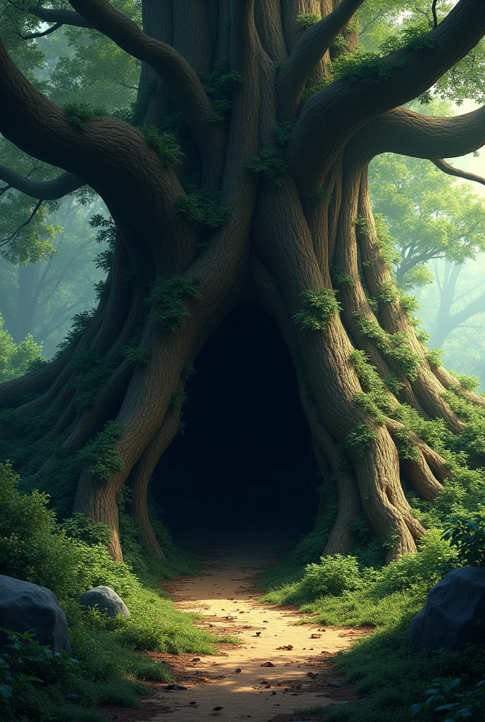 The hidden cave behind a big tree, illuminated