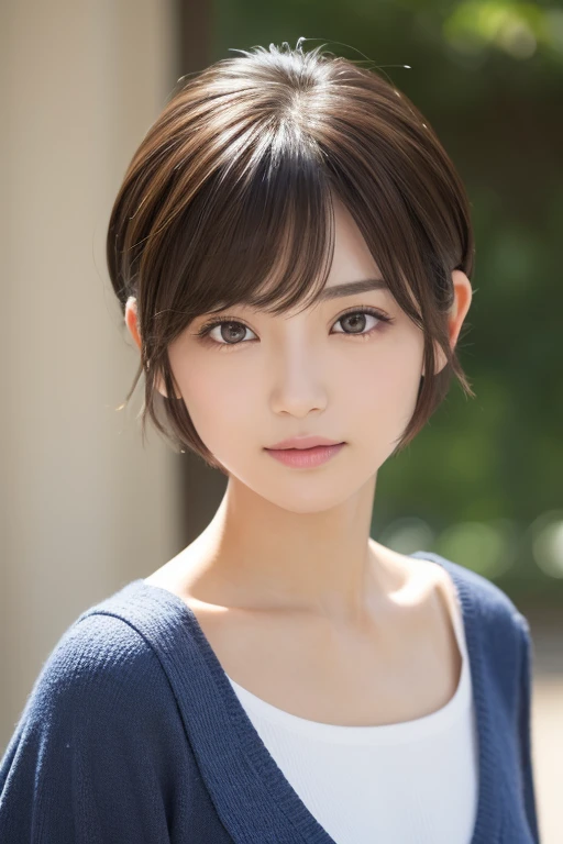 高品質in超リアルなポートレート。彼女は小さく繊細な顔立ちin、I have a slightly rounded face shape。Her expressive almond-shaped eyes have a gentle and warm gaze.、I have strong eyebrows。肌は無垢in透き通るような白さin、It has a natural shine。(Her hair is brown and pixie cut.:1.3)in、シンプルinエレガントに整えられています。メイクはナチュラルin、A light foundation and subtle blush、Uses a soft pink lip color。ライティングはソフトin自然な光を使用し、Accentuating facial features、Does not emphasize shadows。背景はシンプルinぼかしたグラデーションin、Focus on the face。