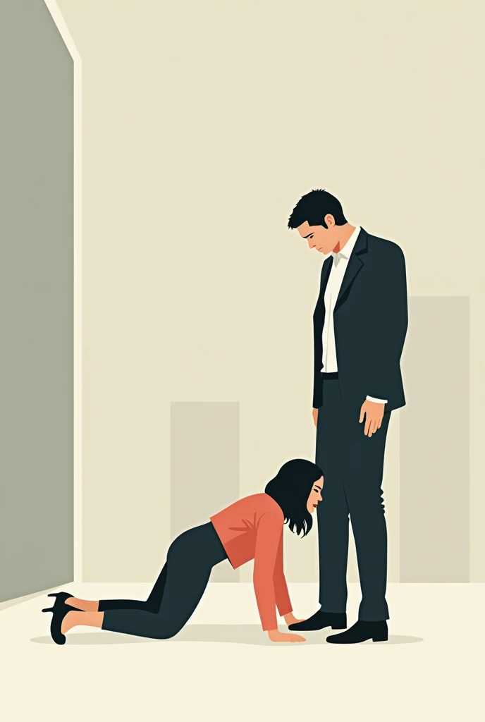 I would like to create a wikihow format image of a woman crawling on the floor holding the feet of a well-dressed man.