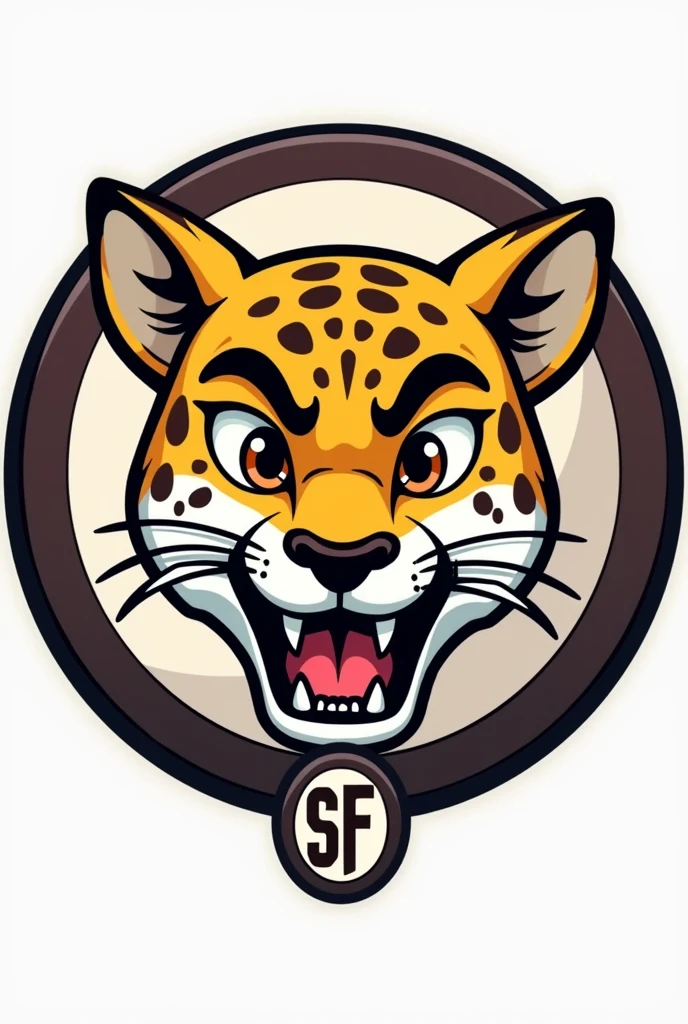 Circular logo with the face of a jaguar fencer in cartoon style, and with its SF emblem