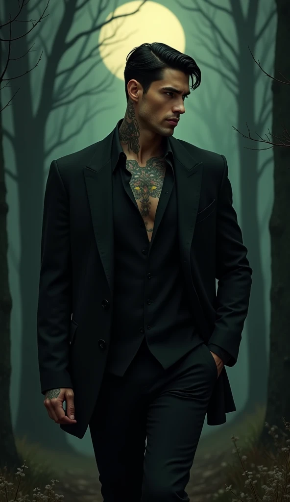 A tall, muscular, broad-shouldered, athletic physique of a 30yo Italian man, wearing a black Armani suit with the top two shirt buttons open and the sleeves rolled up half way, he has tattoos on his neck and arms, confident body language and intense expression, strikingly handsome face with a perfectly defined jawline and vibrant skin, short black hair, bright green coloured eyes, ((finely detailed eyes)), highly detailed illustration, walking through the dark forest at midnight, deep focus, d & d, fantasy, intricate, digital painting, artstation, concept art, full moon, matte, sharp focus, ultrarealistic, shot in the style of Wes Anderson, Mysterious and seductive atmosphere. 