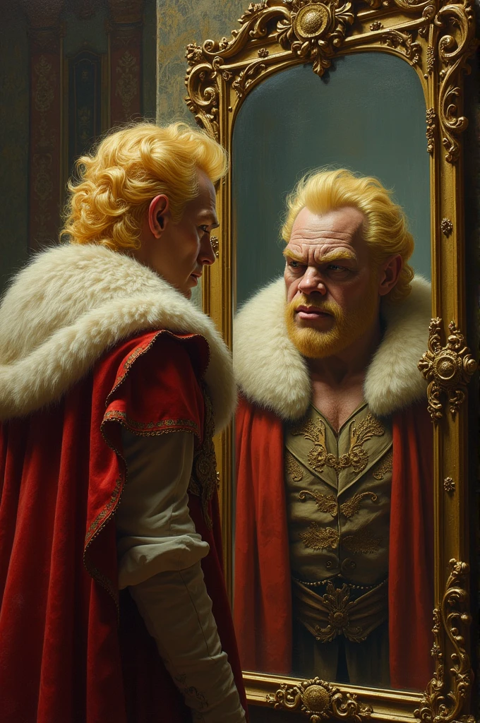 A blond prince looking in the mirror, but the mirror reflects the image of an ogre with the same hair and wearing the same clothes