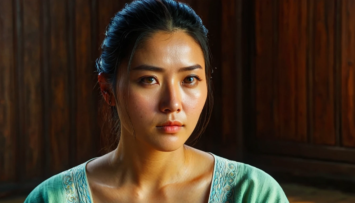 Yenu sits in quiet contemplation, her serene expression reflecting the internal conflict as she considers the king's request. The soft light of dawn gently illuminates her face, revealing the depth of her thoughts. The room is simple, with wooden walls and minimal decor, symbolizing her humble yet wise nature. In this moment of introspection, her eyes convey the weight of the decision she must make for the people of Yue. Ultra detailed, high quality, 8K, HD, highly detailed, stunning visuals, cinematic, hyperrealistic, hyperrealism, high-definition, masterpiece, composition, full HD, dynamic, dramatic, beautiful, light, striking, elegant, perfect balance, calm, healing, creative, vibrant, orderly, tidy, confident, spiritual, complex, marvelous, rich artistic color background, vivid colors, ambient, pristine, flawless, pure, attractive, pretty, determined, passionate, innocent, enchanted, magic, mystical, magical, illuminated