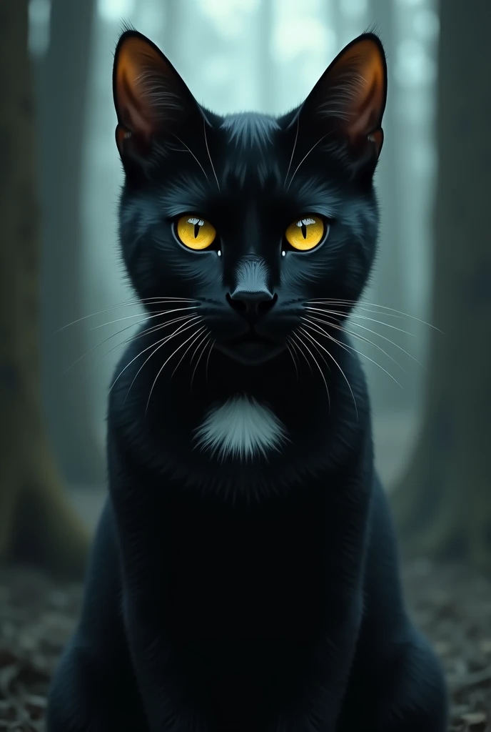 Create a movie poster with a black cat with a white spot on its neck 