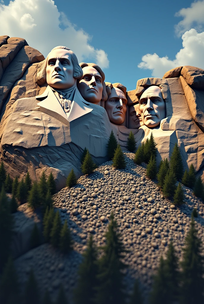 a highly detailed digital painting of Mount Rushmore with the faces of Sylvester Stallone, Arnold Schwarzenegger, Jean Claude van Damme and Chuck Norris carved into the mountain, beautiful detailed eyes, beautiful detailed lips, extremely detailed eyes and face, long eyelashes, muscular male figures, action poses, cinematic lighting, dramatic shadows, vivid colors, cinematic composition, epic scale, photorealistic, 8k, best quality, masterpiece
