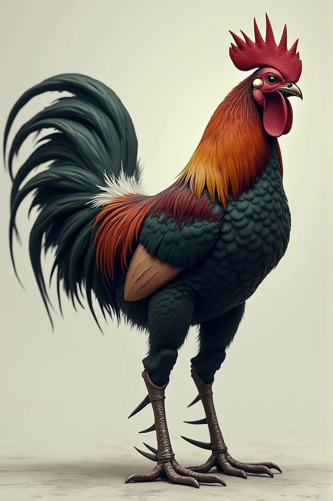 Rooster with featherless thighs, with blades on the legs without a crest