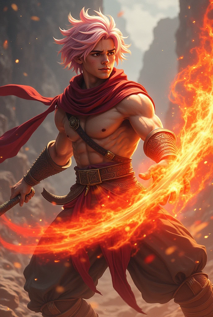 A dragon slayer mage who looks like he can eat fire. Young. Dragon scale scarf. Light pink hair. Male. His special move is the dragon slayer skill, the Crimson Flame Blade.