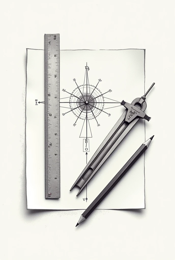 Create a formal logo that represents the technical drawing area with its basic elements such as a square ruler,a compass,a sheet of paper , a pencil