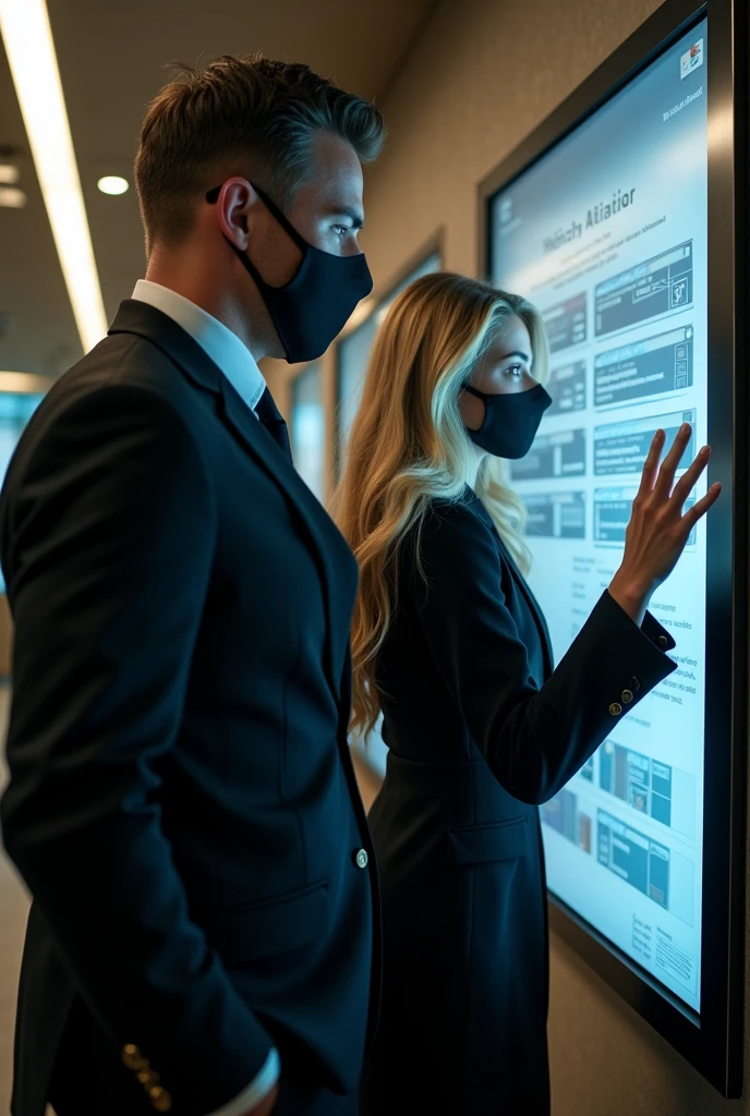 Handsome man and blonde woman dressed in black suit with tie and face mask in front of a tablet trying to deactivate bank alarms