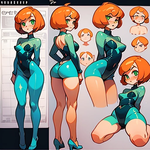  A teenage girl with short orange hair in a bob style cut, a thin face with big green eyes, small lips and an upturned nose, and freckles on her cheeks.

With a tall, slim and elegant body with small breasts and wide hips and very waisted with long legs and fat thighs

Dressed in transparent blue erotic Latex lingerie with cat face print

(((character sheet))) ((various views)) ((front and back) (Face detail) (full body)