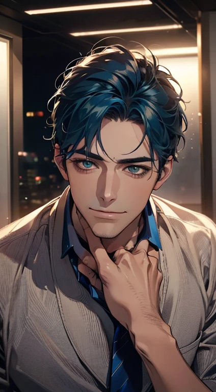 (Highest quality,4K,8K,High resolution,masterpiece:1.2),Super detailed,(Realistic,photoRealistic,photo-Realistic:1.37),1 person,34 years old,Mature Men,Beautiful skin、very handsome,Expressionless smile in love,Short blue hair,green eyes,Sharp Eyes,A perfect face without a doubt,Businessman, CEO, Office Background,Cinema Lighting,HDR image,tie、