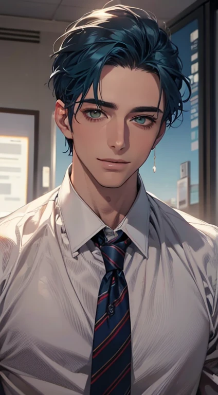 (Highest quality,4K,8K,High resolution,masterpiece:1.2),Super detailed,(Realistic,photoRealistic,photo-Realistic:1.37),1 person,34 years old,Mature Men,Beautiful skin、very handsome,Expressionless smile in love,Short blue hair,green eyes,Sharp Eyes,A perfect face without a doubt,Businessman, CEO, Office Background,Cinema Lighting,HDR image,tie、