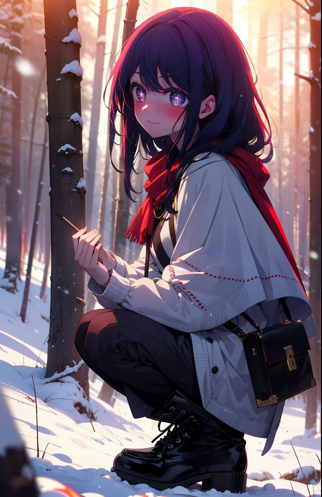 aihoshino, Ai Hoshino, Long Hair, bangs, (Purple eyes:1.1), Purple Hair, (Symbol-shaped pupil:1.5), smile,,smile,blush,white breath,
Open your mouth,snow,Ground bonfire, Outdoor, boots, snowing, From the side, wood, suitcase, Cape, Blurred, , forest, White handbag, nature,  Squat, Mouth closed, Cape, winter, Written boundary depth, Black shoes, red Cape break looking at viewer, Upper Body, whole body, break Outdoor, forest, nature, break (masterpiece:1.2), Highest quality, High resolution, unity 8k wallpaper, (shape:0.8), (Beautiful and beautiful eyes:1.6), Highly detailed face, Perfect lighting, Extremely detailed CG, (Perfect hands, Perfect Anatomy),