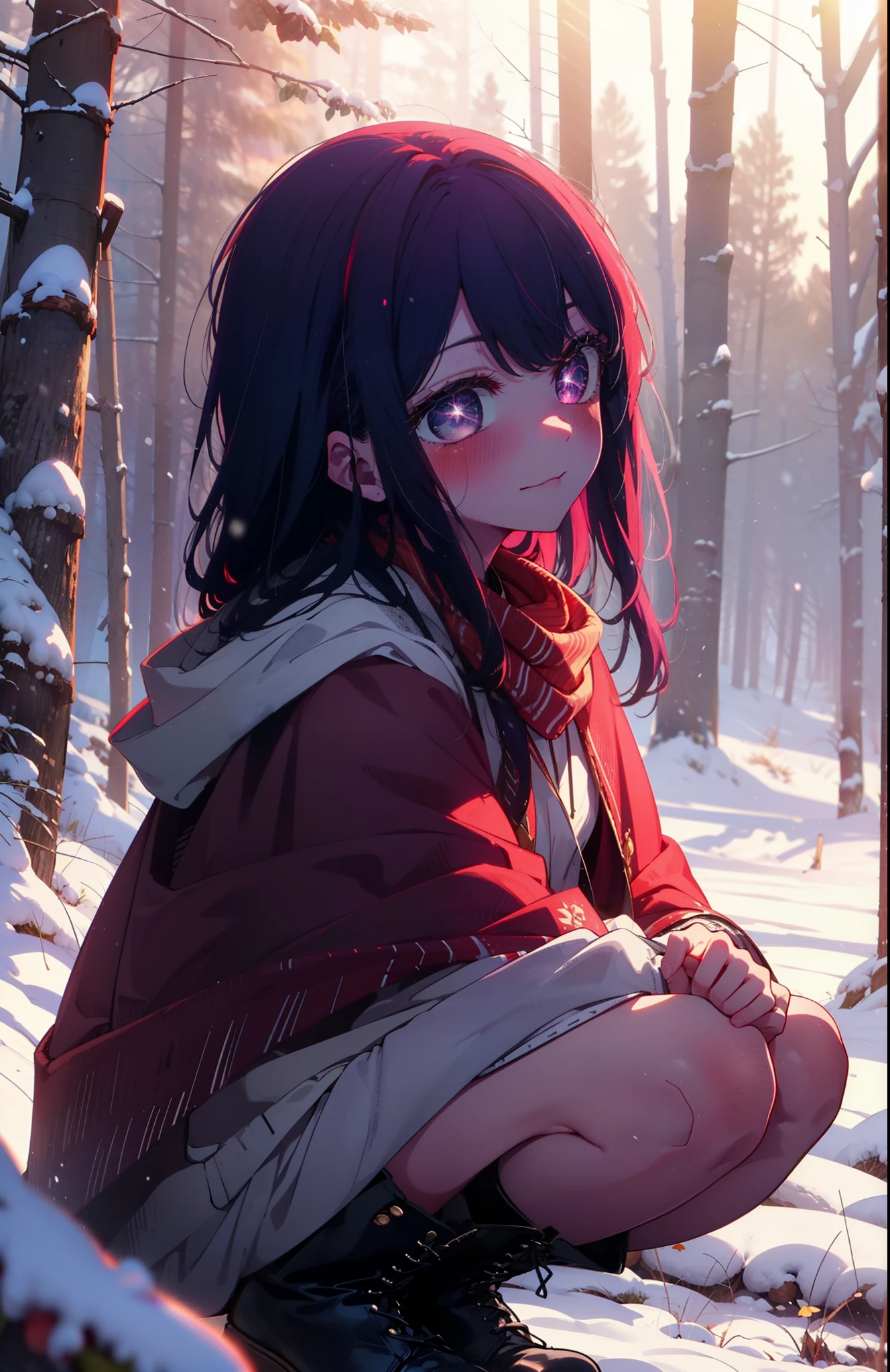 aihoshino, Ai Hoshino, Long Hair, bangs, (Purple eyes:1.1), Purple Hair, (Symbol-shaped pupil:1.5), smile,,smile,blush,white breath,
Open your mouth,snow,Ground bonfire, Outdoor, boots, snowing, From the side, wood, suitcase, Cape, Blurred, , forest, White handbag, nature,  Squat, Mouth closed, Cape, winter, Written boundary depth, Black shoes, red Cape break looking at viewer, Upper Body, whole body, break Outdoor, forest, nature, break (masterpiece:1.2), Highest quality, High resolution, unity 8k wallpaper, (shape:0.8), (Beautiful and beautiful eyes:1.6), Highly detailed face, Perfect lighting, Extremely detailed CG, (Perfect hands, Perfect Anatomy),