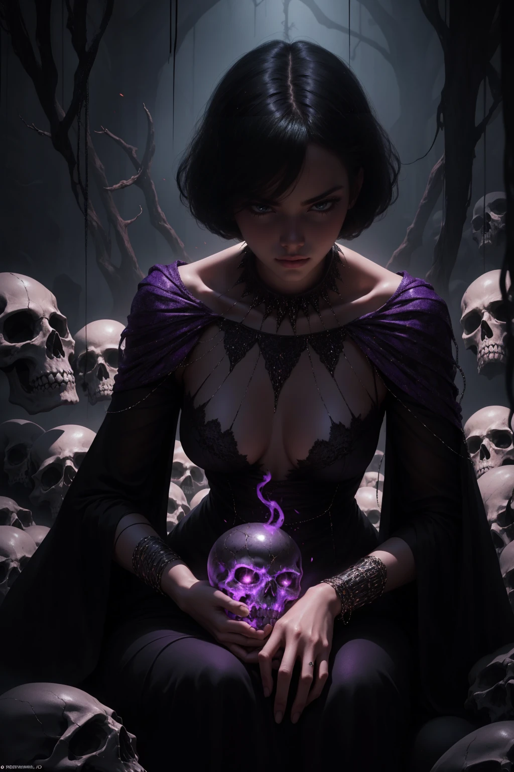 {-erro_de_anatomia:1.0} woman 30 years old, witchcraft, magician,magic clothes, where poison potions and vines abound, a woman (hutless), short black hair (black hair), (bangs), (purple eyes), looks at you amidst a pile of bones and skulls. Indifferent look , merciless. among the skulls, dancing witk a demon, Angry face, dinamic poses, egoist smile, upper body, sitting on the ground
