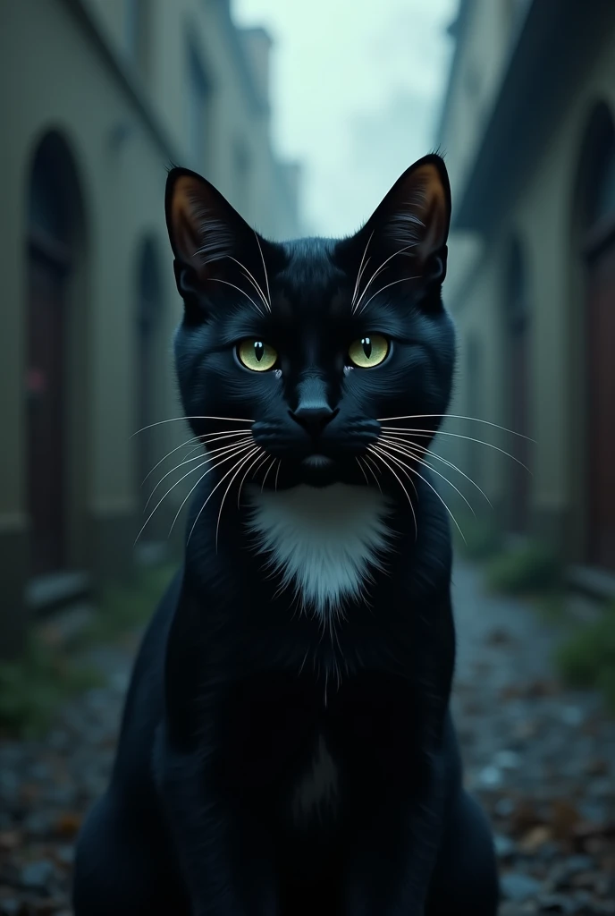 Create a movie poster with a black cat with a white spot on its neck and mouth